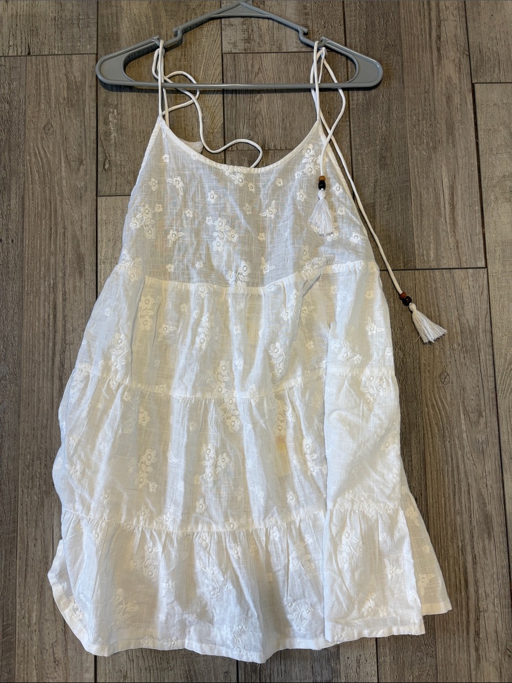 C&C California White Embroidered Cotton Sundress with Tassel Straps